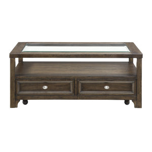 English Elm Cocktail and End Table Set with Birch Veneer Glass Tops and Satin Nickel Hardware Charcoal Brown B011S04530