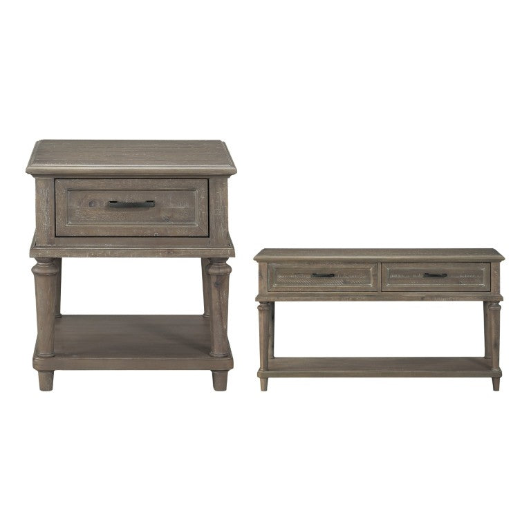 English Elm End Table and Sofa Set Acacia Veneer Driftwood Finish with Drawer and Open Shelf B011S04532