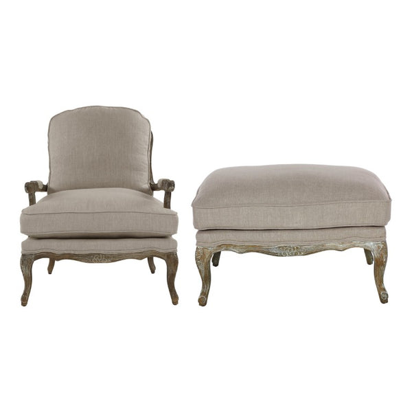 English Elm Accent Chair and Ottoman Set with Rattan Back Carved Wood Frame Feather Down Cushions B011S04533