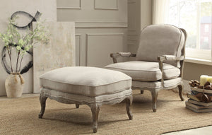 English Elm Accent Chair and Ottoman Set with Rattan Back Carved Wood Frame Feather Down Cushions B011S04533