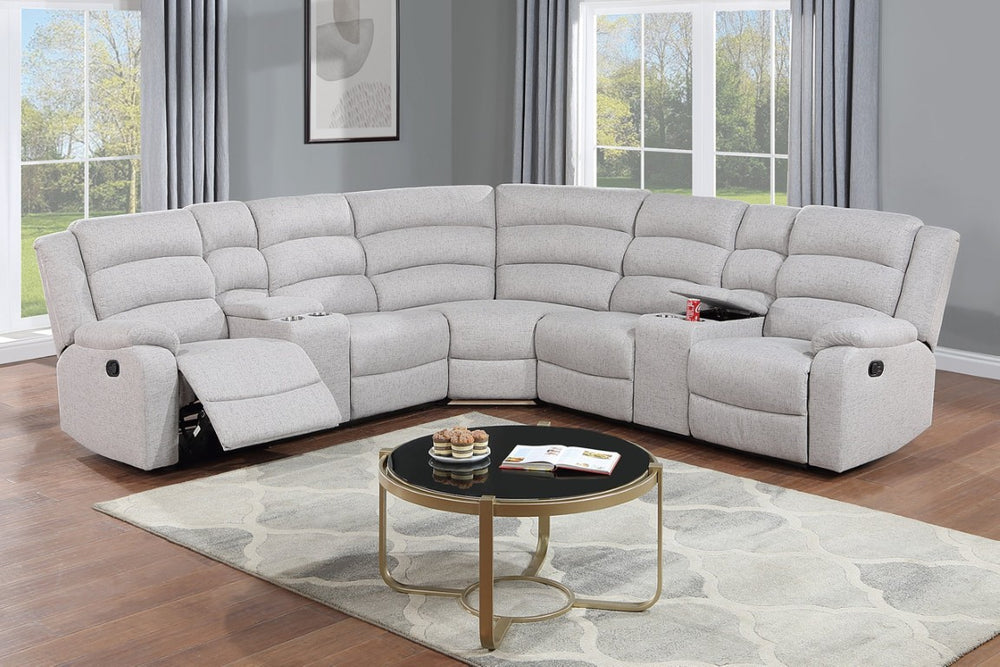 English Elm Manual Reclining Three Piece Sectional Sofa Set in Neutral Burlap Textured Fabric B011S04552