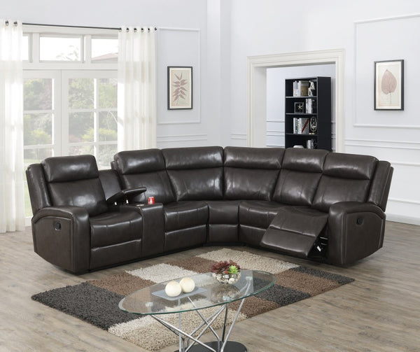 English Elm Brown PU Leather Gel Reclining L-Shaped Sectional with Console and Cup Holders B011S04553