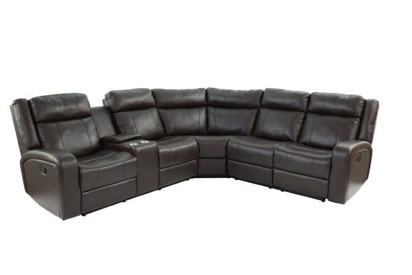 English Elm Brown PU Leather Gel Reclining L-Shaped Sectional with Console and Cup Holders B011S04553