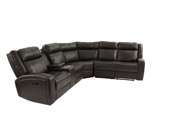English Elm Brown PU Leather Gel Reclining L-Shaped Sectional with Console and Cup Holders B011S04553