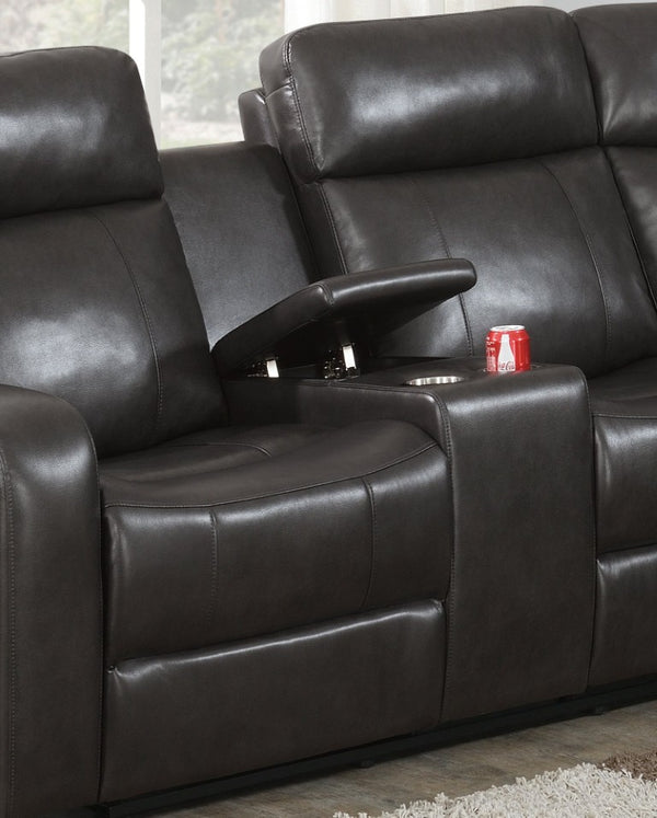 English Elm Brown PU Leather Gel Reclining L-Shaped Sectional with Console and Cup Holders B011S04553