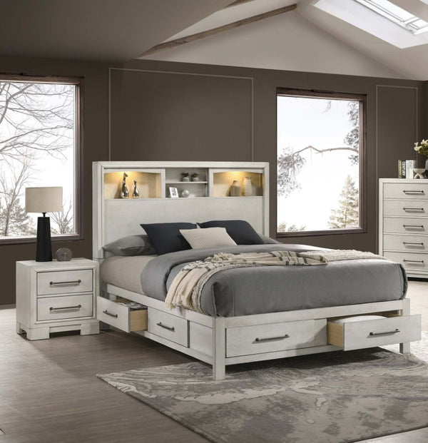 English Elm Antique White Queen Platform Bed Set with LED Headboard Shelves and Under Drawer Storage B011S04564