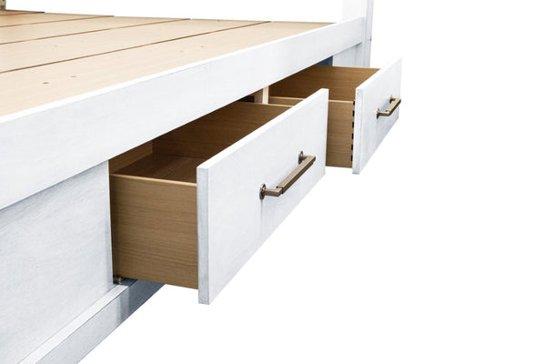 English Elm Antique White Queen Platform Bed Set with LED Headboard Shelves and Under Drawer Storage B011S04564