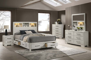 English Elm Antique White Queen Platform Bed Set with LED Headboard Shelves and Under Drawer Storage B011S04564