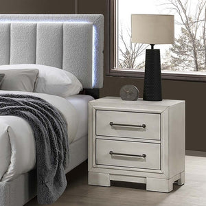 English Elm Antique White Queen Platform Bed Set with LED Headboard Shelves and Under Drawer Storage B011S04564