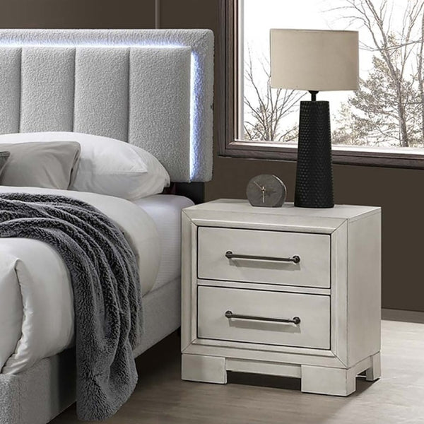 English Elm Antique White Queen Platform Bed Set with LED Headboard Shelves and Under Drawer Storage B011S04564
