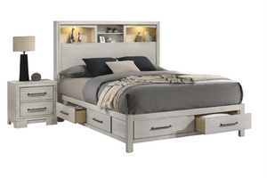 English Elm Antique White Queen Platform Bed Set with LED Headboard Shelves and Under Drawer Storage B011S04564