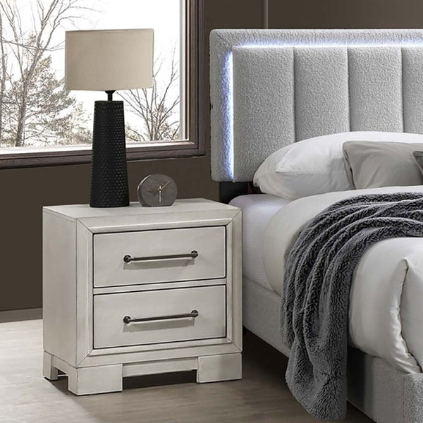 English Elm Antique White Queen Platform Bed Set with LED Headboard Shelves and Under Drawer Storage B011S04564