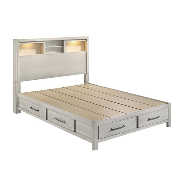 English Elm Antique White Queen Platform Bed Set with LED Headboard Shelves and Under Drawer Storage B011S04564