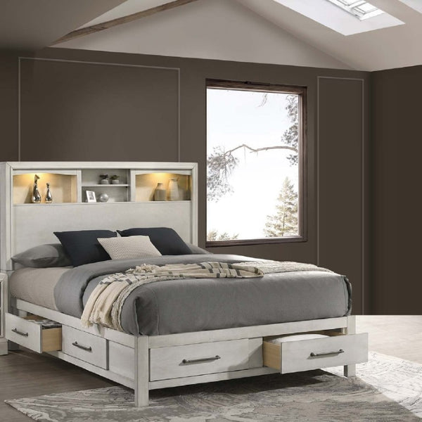 English Elm Antique White Queen Platform Bed Set with LED Headboard Shelves and Under Drawer Storage B011S04564
