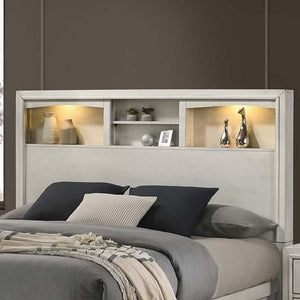 English Elm Antique White Queen Platform Bed Set with LED Headboard Shelves and Under Drawer Storage B011S04564