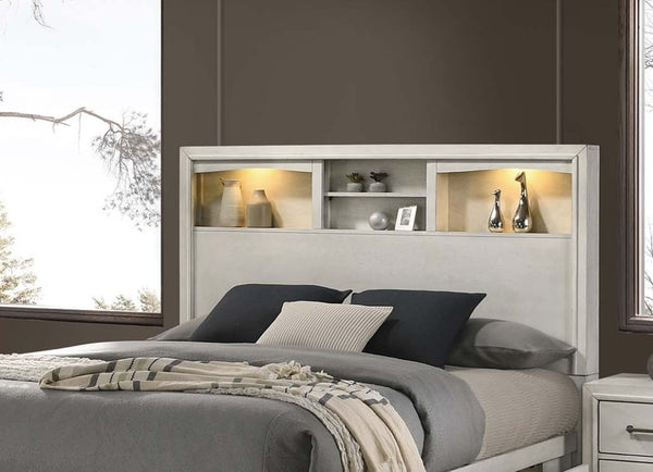 English Elm Antique White Queen Platform Bed Set with LED Headboard Shelves and Under Drawer Storage B011S04564