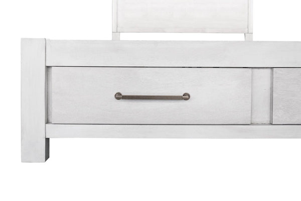 English Elm Antique White Queen Platform Bed Set with LED Headboard Shelves and Under Drawer Storage B011S04564