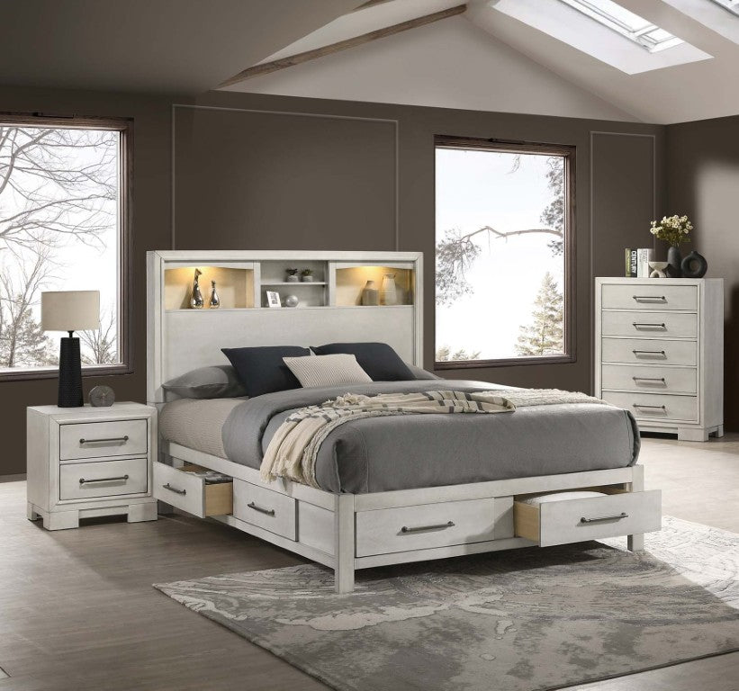 English Elm Antique White 3 Piece Bedroom Set with LED Headboard Storage Platform Bed and Chest B011S04567