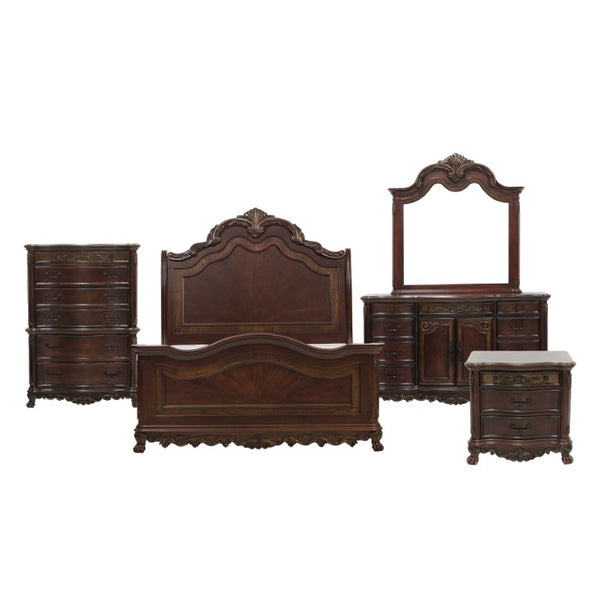 English Elm Queen Sleigh Bed Five Piece Suite Cherry Burl Veneer Traditional Bedroom Collection B011S04571