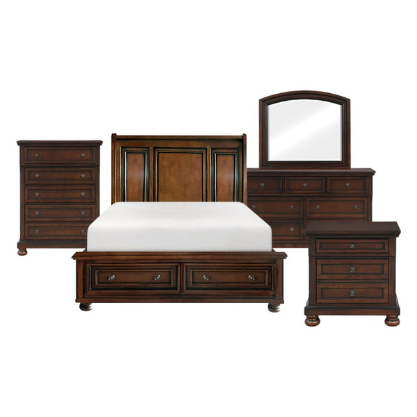 English Elm Queen Bedroom Set with Storage Footboard Dresser Chest Nightstand in Brown Cherry B011S04577