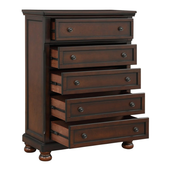English Elm Queen Bedroom Set with Storage Footboard Dresser Chest Nightstand in Brown Cherry B011S04577