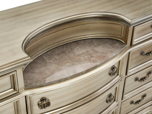 English Elm Queen Sleigh Bedroom Set with Marble Tops Carved Molding and Silver Birch Veneer B011S04611