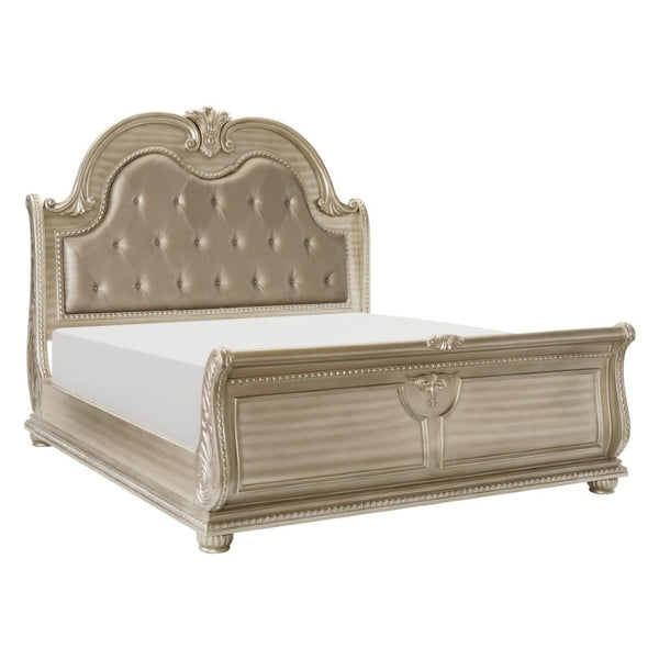 English Elm Queen Sleigh Bedroom Set with Marble Tops Carved Molding and Silver Birch Veneer B011S04611