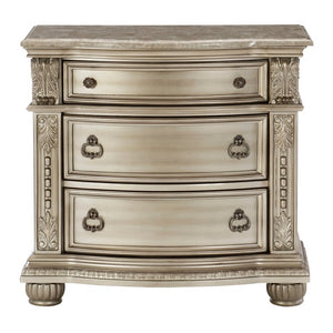 English Elm Queen Sleigh Bedroom Set with Marble Tops Carved Molding and Silver Birch Veneer B011S04611