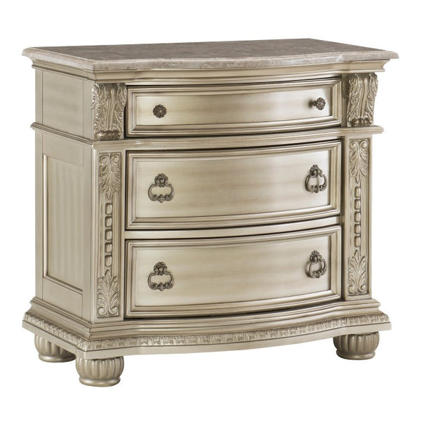 English Elm Queen Sleigh Bedroom Set with Marble Tops Carved Molding and Silver Birch Veneer B011S04611