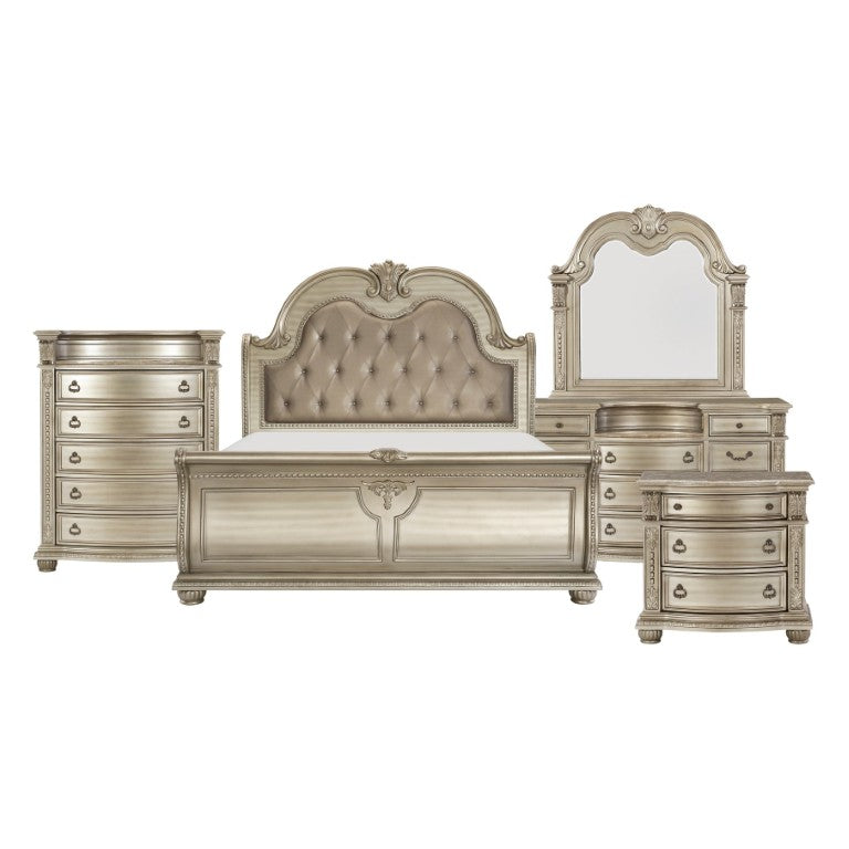 English Elm Queen Sleigh Bedroom Set with Marble Tops Silver Birch Veneer Old World Carved Detail B011S04612