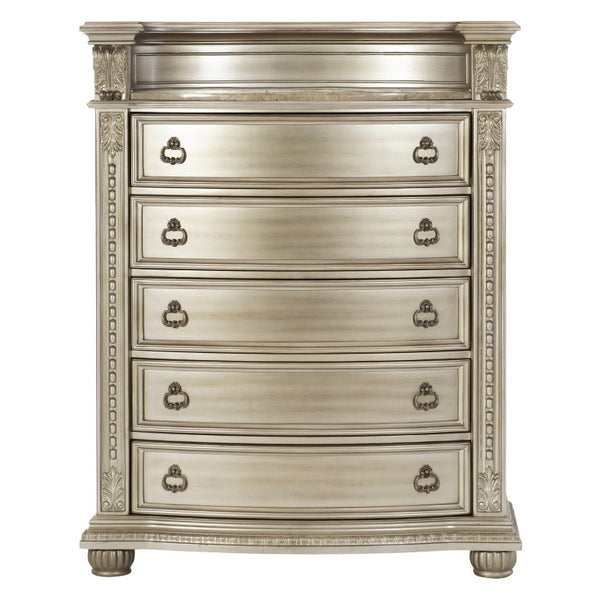 English Elm Queen Sleigh Bedroom Set with Marble Tops Silver Birch Veneer Old World Carved Detail B011S04612