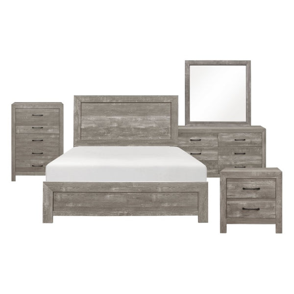English Elm Eastern King 5 Piece Bedroom Set Rustic Brown Faux Wood Panel Bed with Storage B011S04614