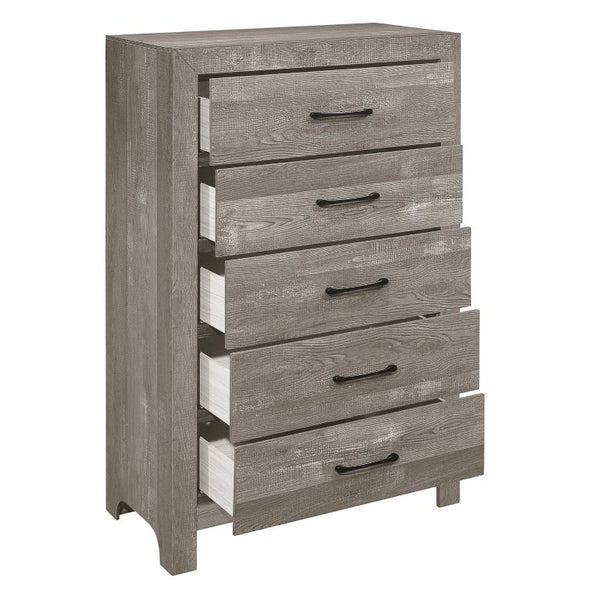 English Elm Eastern King 5 Piece Bedroom Set Rustic Brown Faux Wood Panel Bed with Storage B011S04614