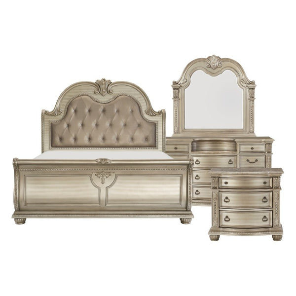 English Elm California King Sleigh Bed Set with Hand Carved Dark Cherry Dresser Mirror and Nightstand B011S04633