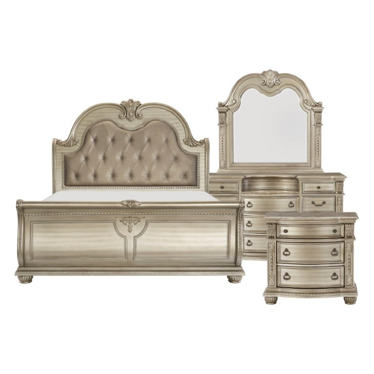 English Elm Queen Sleigh Bed Set with Ornate Carved Molding Dark Cherry Finish Four Piece Suite B011S04635