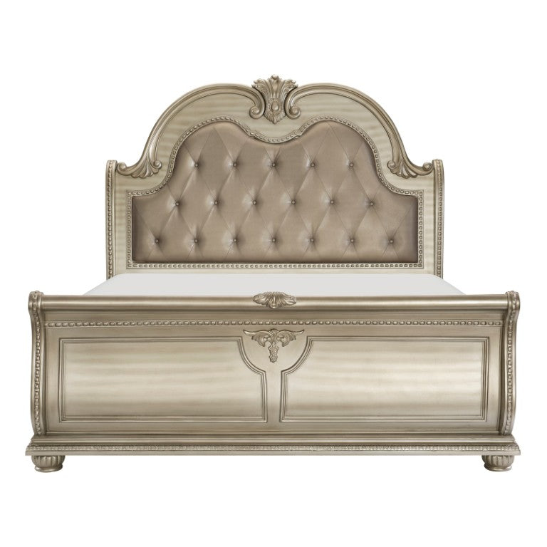 English Elm Queen Sleigh Bed Set with Ornate Carved Molding Dark Cherry Finish Four Piece Suite B011S04635