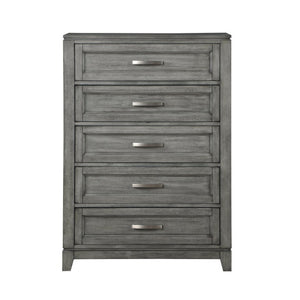 English Elm Twin Bedroom Set Five Piece Gray Okume Veneer with Storage Footboard and Nickel Pulls B011S04656