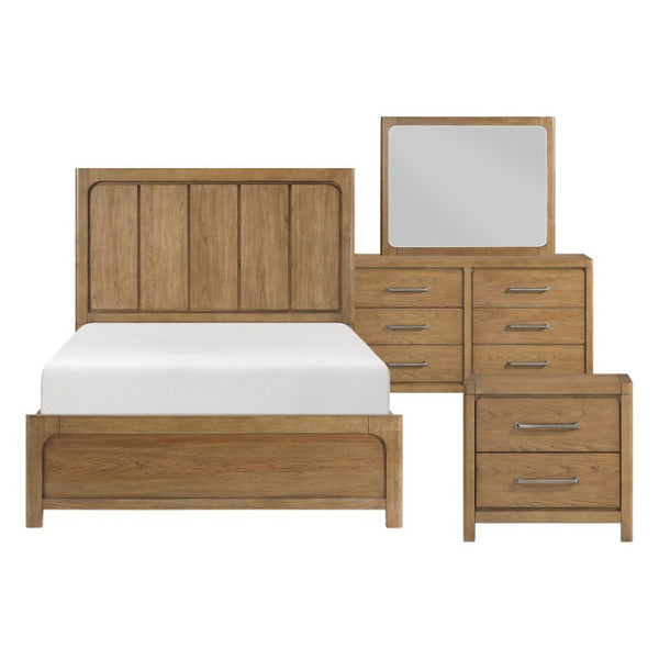 English Elm California King Hickory Veneer Bedroom Set with Storage Bed Dresser Mirror Nightstand B011S04667