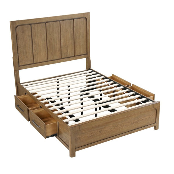 English Elm California King Hickory Veneer Bedroom Set with Storage Bed Dresser Mirror Nightstand B011S04667