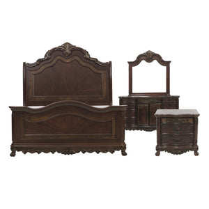 English Elm Queen Sleigh Bed Set Formal Traditional Cherry Finish with Burl Inlay and Gold Detail B011S04693
