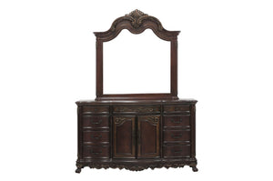 English Elm Queen Sleigh Bed Set Formal Traditional Cherry Finish with Burl Inlay and Gold Detail B011S04693