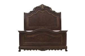 English Elm Queen Sleigh Bed Set Formal Traditional Cherry Finish with Burl Inlay and Gold Detail B011S04693