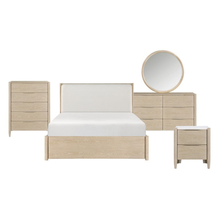 English Elm California King Bedroom Set Five Piece Oak Veneer with Upholstered Headboard and Storage B011S04715