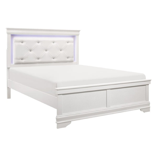 English Elm Queen Bedroom Set 4 Piece White Glam Suite with LED Tufted Headboard and Alligator Panels B011S04719