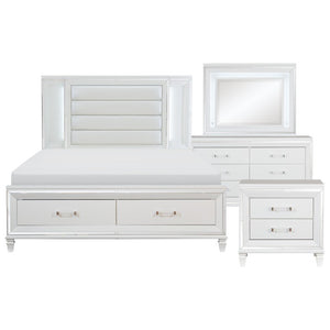 English Elm Queen Glam Bedroom Set with LED Headboard Mirrored Trim and White Metallic Finish B011S04735