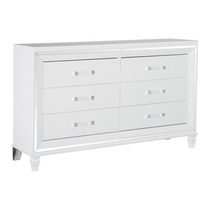 English Elm Queen Glam Bedroom Set with LED Headboard Mirrored Trim and White Metallic Finish B011S04735