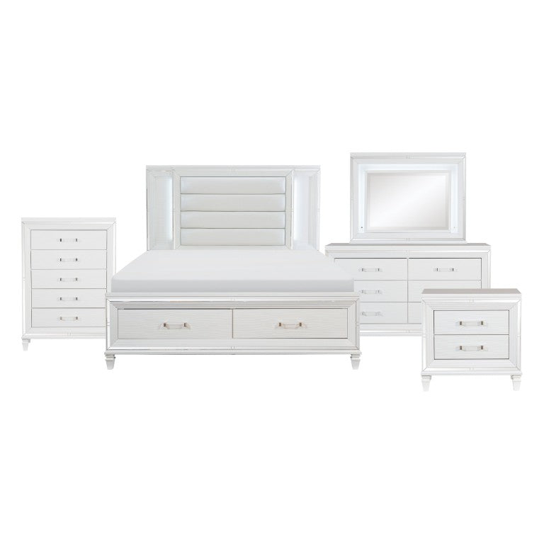 English Elm Queen Glam 5 Piece Bedroom Set LED Lit Faux Leather Headboard Mirrored Accents B011S04736