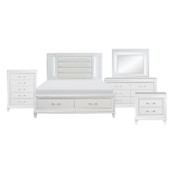 English Elm Queen Glam 5 Piece Bedroom Set LED Lit Faux Leather Headboard Mirrored Accents B011S04736