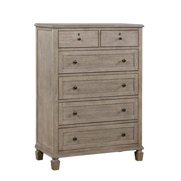 English Elm Eastern King Canopy Bed Set Gray Oak Veneer Five Piece Transitional Bedroom Suite B011S04754