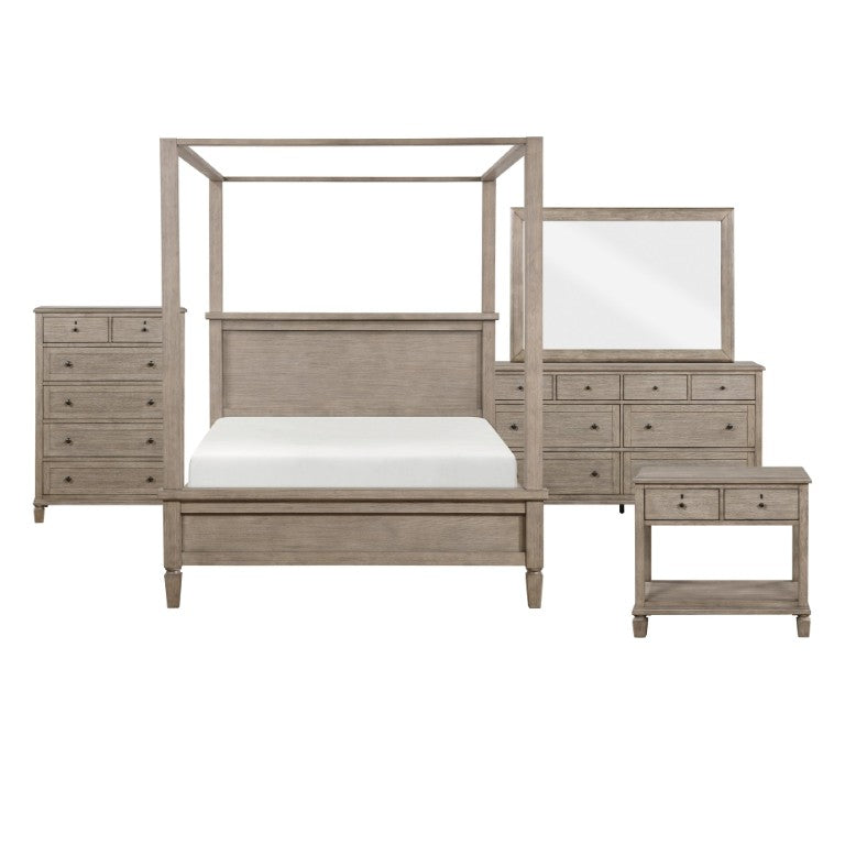 English Elm California King Canopy Bedroom Set Oak Veneer Gray Finish Transitional Five Piece B011S04756